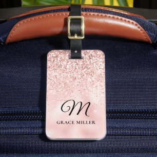 Elegant Blush Pink Glitter Monogram Luggage Tag