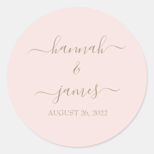 Elegant Blush Pink Gold Calligraphy Wedding Classic Round Sticker (Front)