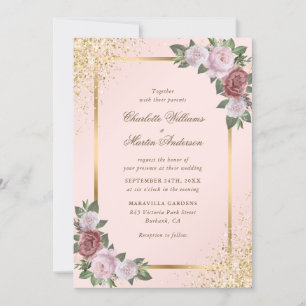 Elegant Blush Pink Gold Confetti Floral Wedding Invitation