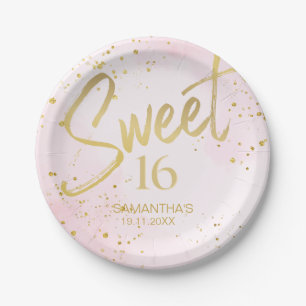 Elegant Blush Pink & Gold Confetti Sweet 16 Paper Plate