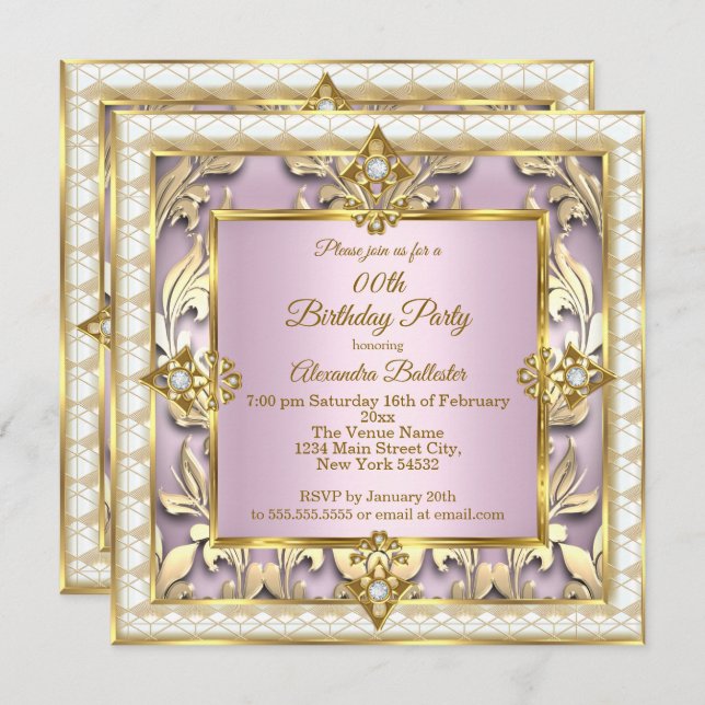 Elegant Blush Pink Gold Cream Birthday Party Invitation (Front/Back)