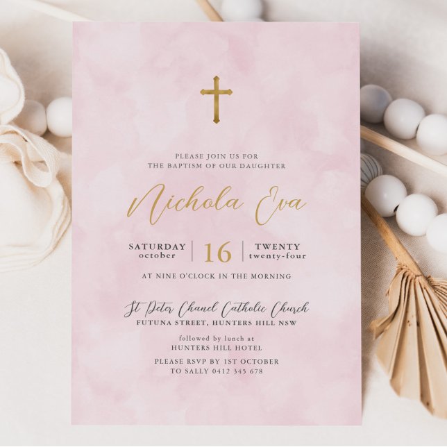 Elegant Blush Pink Gold Cross Girls Baptism Invitation (Pink Watercolour Baptism Invitation)