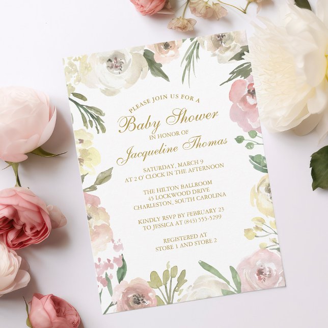Elegant Blush Pink Gold Floral Baby Girl Shower Invitation (Creator Uploaded)