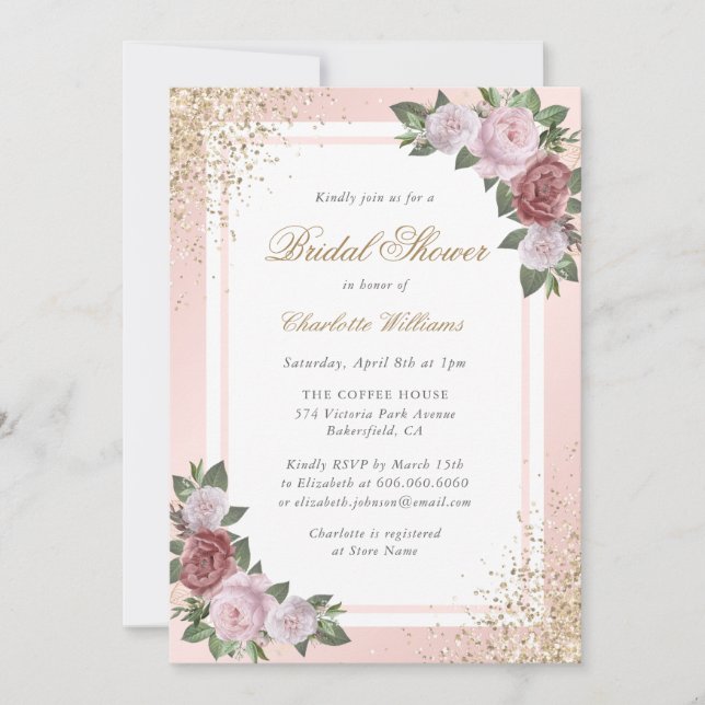 Elegant Blush Pink Gold Floral Bridal Shower Invitation (Front)