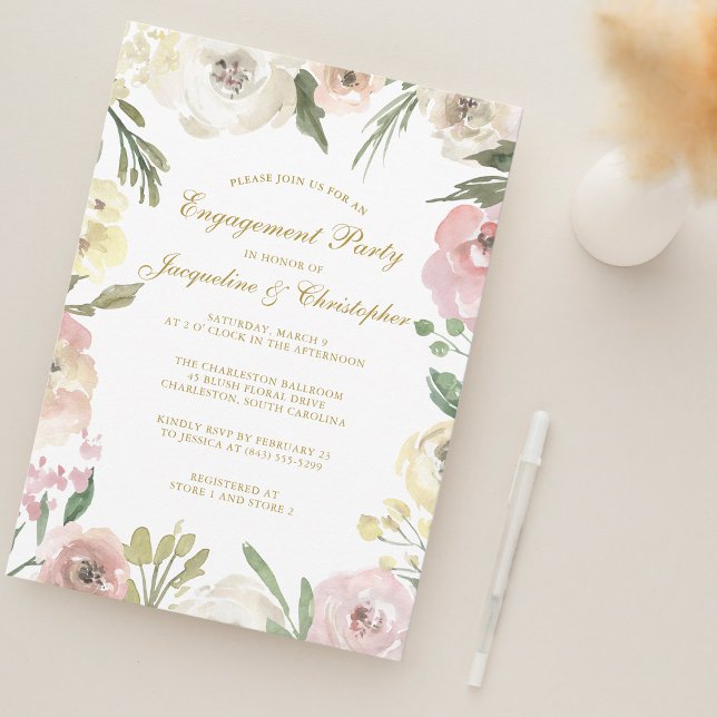Elegant Blush Pink Gold Floral Engagement Party Invitation (Creator Uploaded)