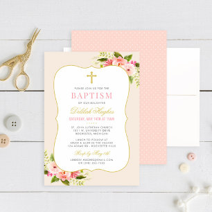 Elegant Blush Pink Gold Floral Girl Baptism Invitation