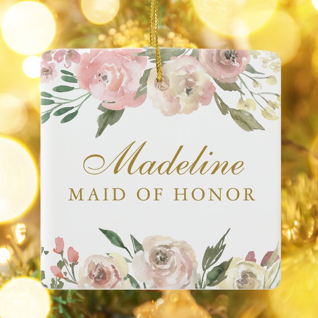 Elegant Blush Pink Gold Floral Maid of Honour Ceramic Ornament (Creator Uploaded)