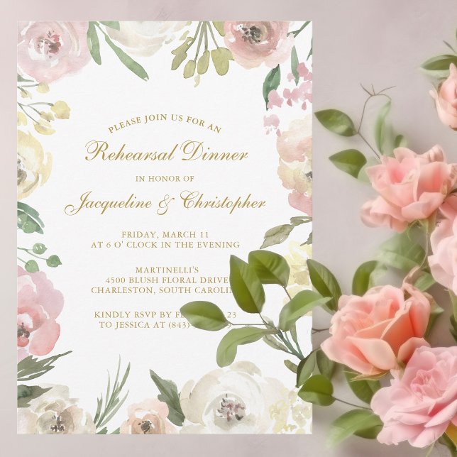 Elegant Blush Pink Gold Floral Rehearsal Dinner Invitation (Creator Uploaded)