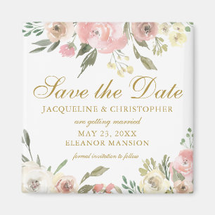 Elegant Blush Pink Gold Floral Save the Date Magnet