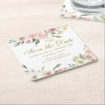 Elegant Blush Pink Gold Floral Save the Date Square Paper Coaster<br><div class="desc">An elegant floral bouquet of pink peonies and ivory watercolor peony flowers frame this lovely floral spring wedding Save the Date coaster. The sprigs of sage leaves decorate in the midst of the peach array of flowers that surround the beautiful gold typography on these chic square coasters.</div>