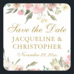 Elegant Blush Pink Gold Floral Save the Date Square Sticker<br><div class="desc">An elegant floral bouquet of pink peonies and ivory watercolor peony flowers frame this lovely floral spring wedding Save the Date sticker. The sprigs of sage leaves decorate in the midst of the peach array of flowers that surround the beautiful gold typography on these chic square stickers.</div>