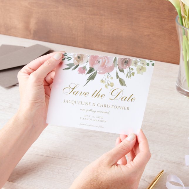 Elegant Blush Pink Gold Floral Save the Date Vellum Invitations (Handheld)