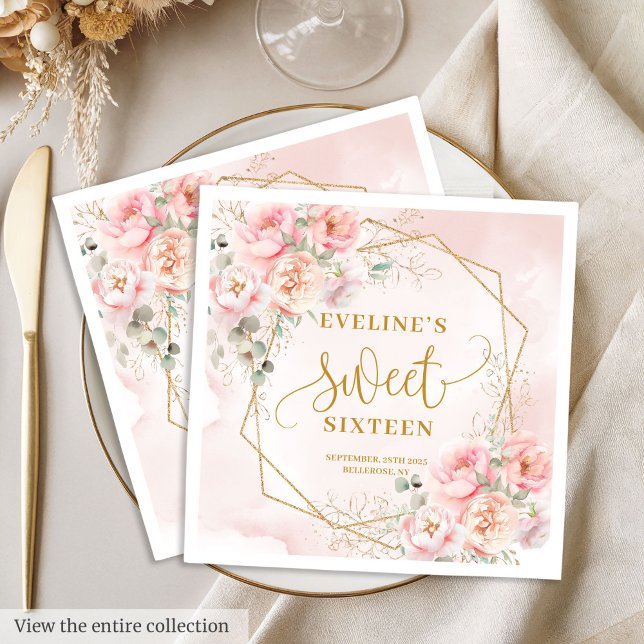 Elegant Blush Pink Gold Floral Sweet 16 Party  Napkin (Elegant Blush Pink Gold Floral Sweet 16 Party Napkins)