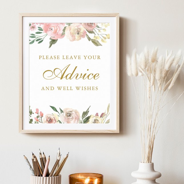 Elegant Blush Pink Gold Floral Wedding Advice Poster (Creator Uploaded)