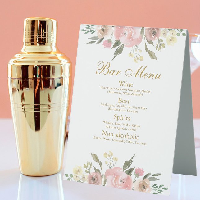 Elegant Blush Pink Gold Floral Wedding Bar Menu (Creator Uploaded)