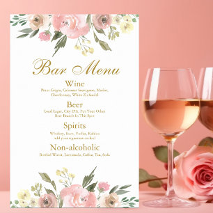 Elegant Blush Pink Gold Floral Wedding Bar Menu Poster