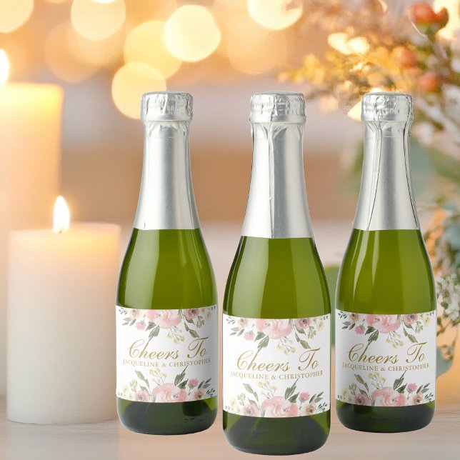 Elegant Blush Pink Gold Floral Wedding Cheers Mini Sparkling Wine Label (Creator Uploaded)