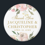 Elegant Blush Pink Gold Floral Wedding Favour Magnet<br><div class="desc">An elegant floral bouquet of watercolor blush pink peonies and ivory roses frame these lovely spring wedding magnets. The botanical sprigs of sage green eucalyptus leaves decorate the border that surrounds the lovely gold cursive script. A beautiful personalised favour for a garden wedding reception during the summer. This collection is...</div>