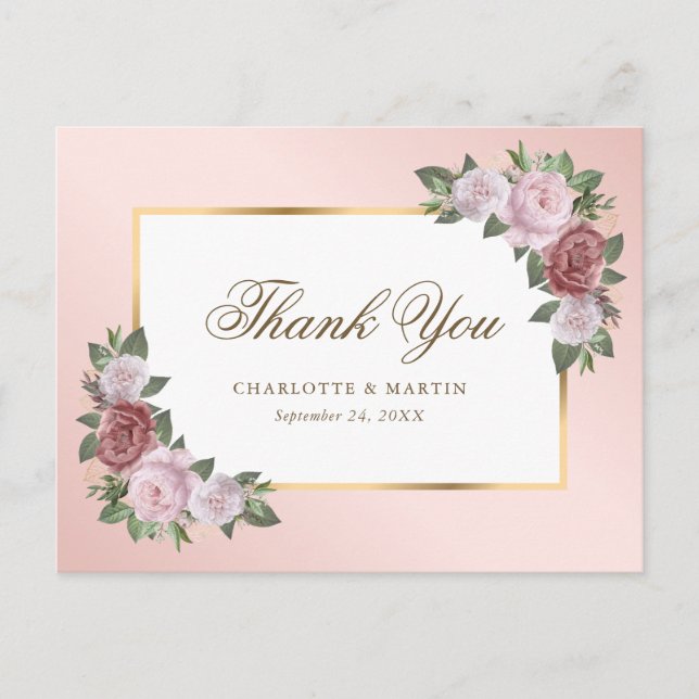 Elegant Blush Pink Gold Floral Wedding Thank You Postcard (Front)