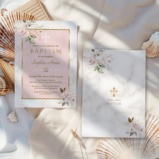 Elegant Blush Pink Gold Flowers Marble Baptism Invitation (Creator Uploaded)