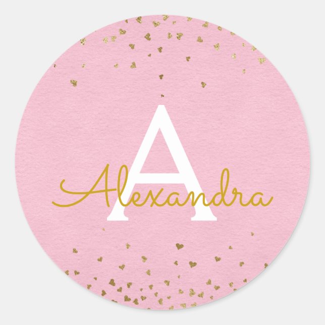 Elegant Blush Pink - Gold Foil Confetti Monogram Classic Round Sticker (Front)