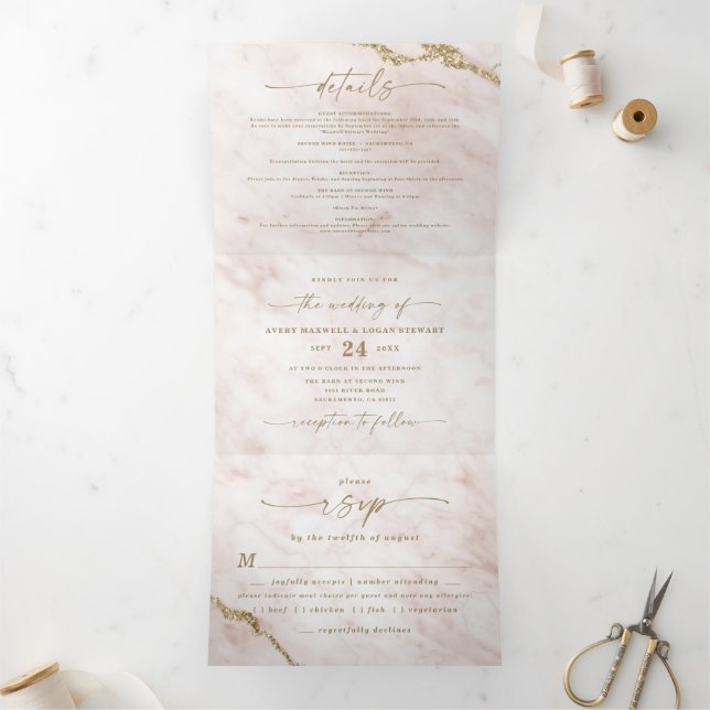 Elegant Blush Pink & Gold Foil Marble Wedding Tri-Fold Invitation (Inside)