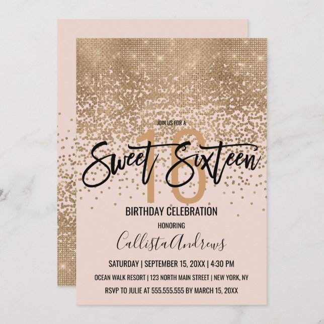 Elegant Blush Pink Gold Glitter Confetti Sweet 16 Invitation (Front/Back)