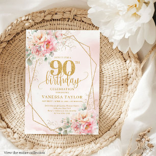 Elegant Blush Pink Gold Glitter Flowers 90th  Invitation