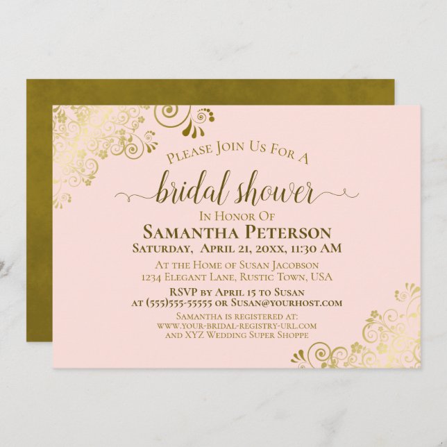 Elegant Blush Pink & Gold Lace Bridal Shower Invitation (Front/Back)
