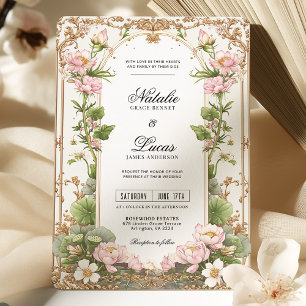 Elegant Blush Pink Gold Lotus Flower Wedding Invitation
