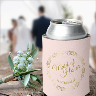 Elegant Blush Pink & Gold Maid of Honour Wedding Can Cooler