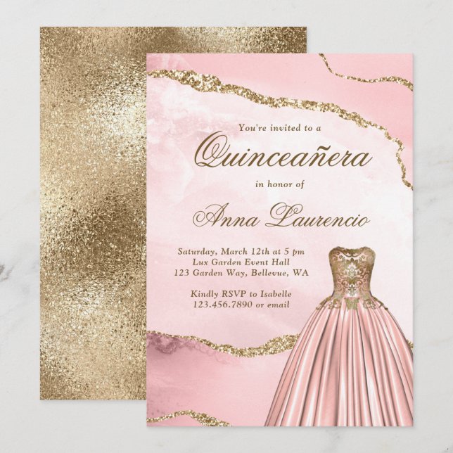 Elegant Blush Pink Gold Marble Agate Quinceanera Invitation (Front/Back)