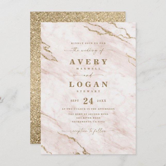 Elegant Blush Pink & Gold Marble & Glitter Wedding Invitation (Front/Back)