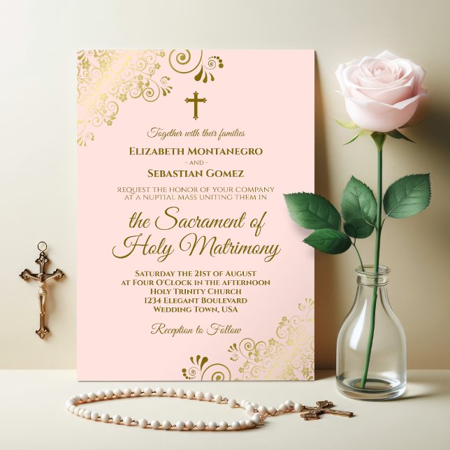 Elegant Blush Pink & Gold Modern Catholic Wedding Invitation (Creator Uploaded)