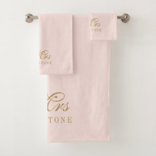 Elegant Blush Pink Gold Mrs Name Bath Towel Set