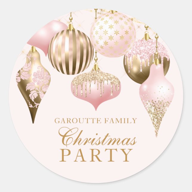 Elegant Blush Pink Gold Ornaments Christmas Party Classic Round Sticker (Front)