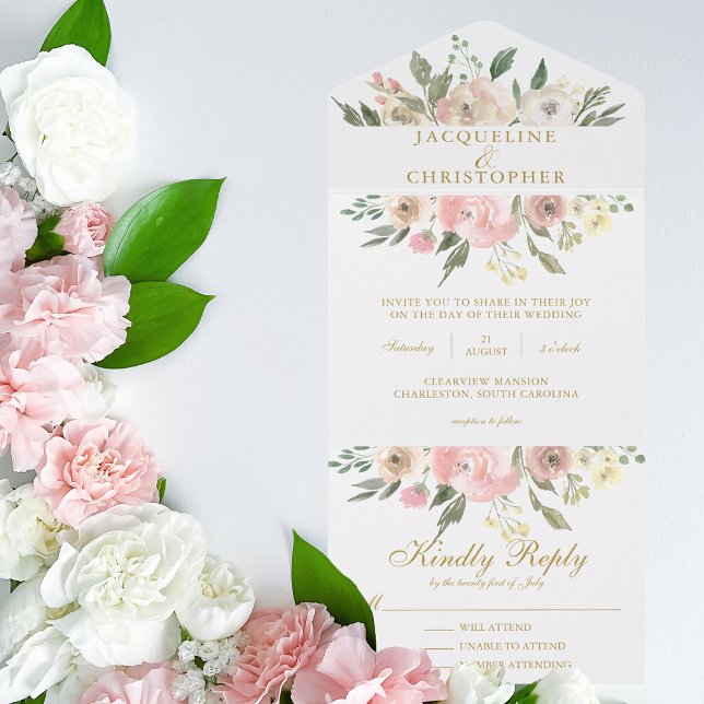 Elegant Blush Pink Gold Peony Floral Wedding All In One Invitation (Creator Uploaded)