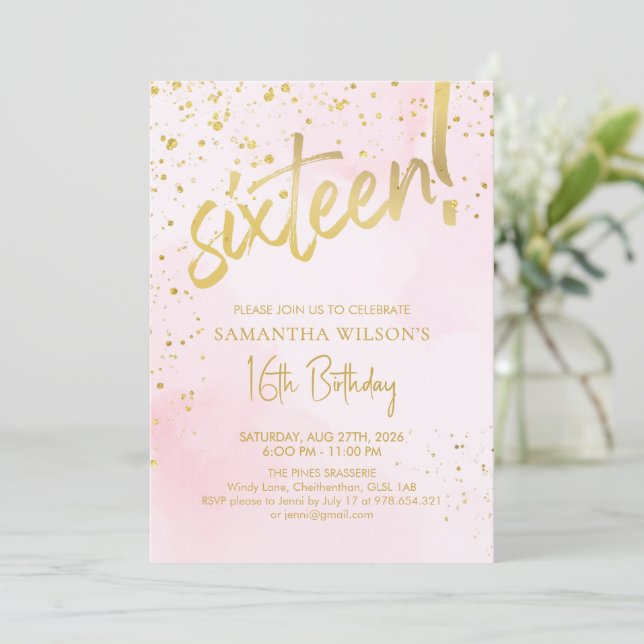 Elegant Blush Pink & Gold Sixteen Birthday Invitation (Standing Front)