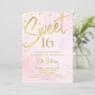 Elegant Blush Pink & Gold Sweet 16 Birthday Invitation