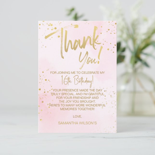 Elegant Blush Pink & Gold Sweet 16 Thank You Card (Standing Front)