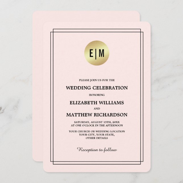 Elegant Blush Pink | Gold Wedding Invitation (Front/Back)