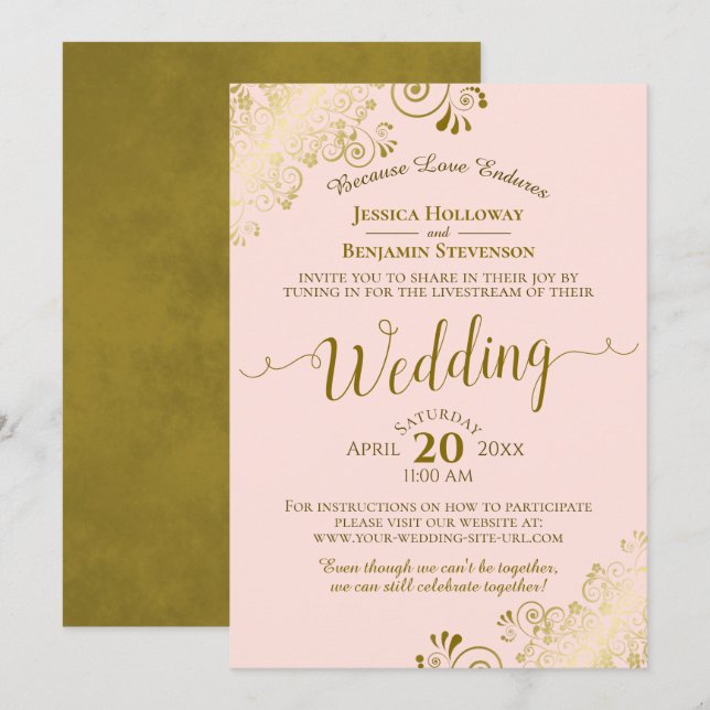 Elegant Blush Pink & Gold Wedding Livestream Invitation (Front/Back)