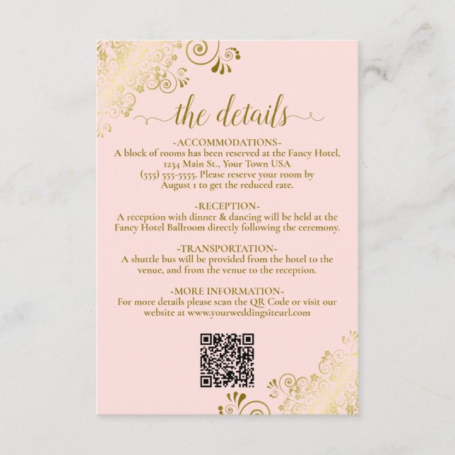 Elegant Blush Pink & Gold Wedding QR Code Details Enclosure Card (Front)