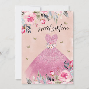 Elegant Blush Pink Gown Dress Floral Sweet 16 Invitation