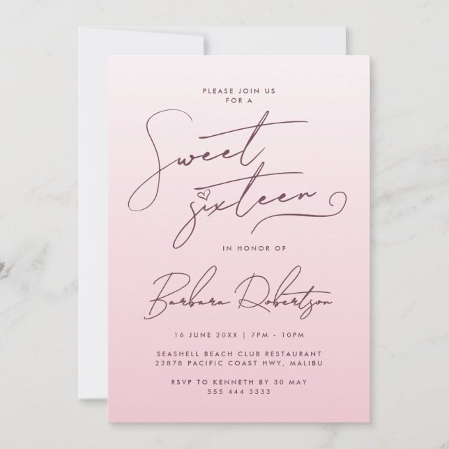 Elegant Blush Pink Gradient Script Sweet Sixteen Invitation (Front)