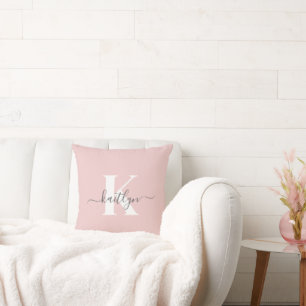 Elegant Blush Pink Gray Script Monogram Cushion