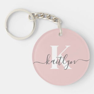 Elegant Blush Pink Gray Script Monogram Key Ring