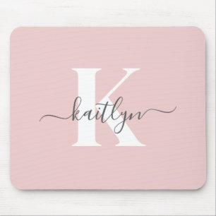 Elegant Blush Pink Gray Script Monogram Mouse Pad