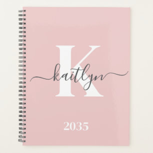 Elegant Blush Pink Gray Script Monogram Planner