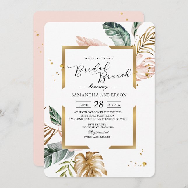 Elegant Blush Pink Green Gold Leaves | Gold Drops  Invitation (Front/Back)